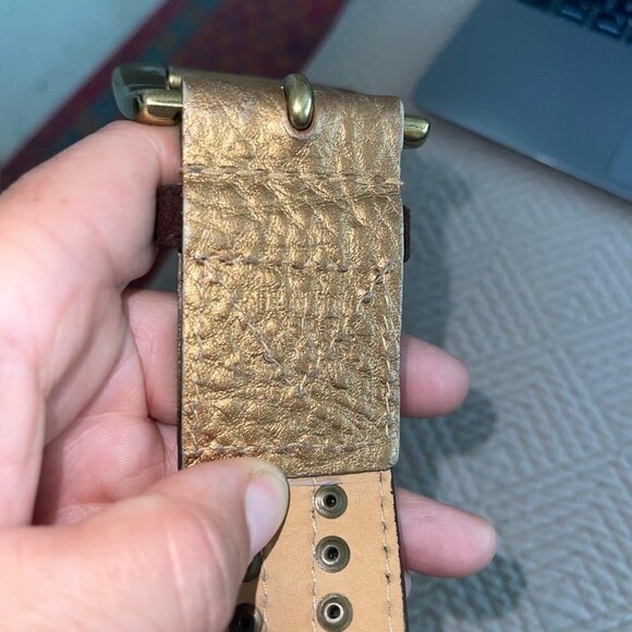 Michael Kors Belt Size Medium Brown Suede Gold Leather Trim Wide Brass Buckle - Picture 7 of 12